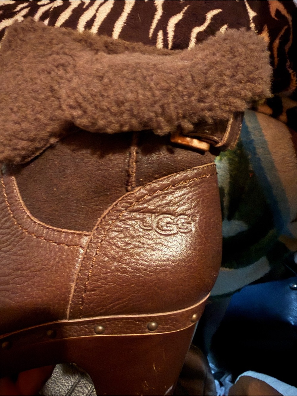 UGG Brown Leather Shearling Clog Boot with Stud Trim